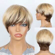 AMECIRE Wig Rambut Manusia Pendek Lurus Berlapis Model Pixie Cut untuk Wanita dengan Poni, Rambut Lurus, Cocok untuk Liburan/Pesta dan Penggunaan Sehari-hari - S4/27 - View 7