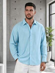 Men's Long Sleeve Striped Shirt, Casual Fashion Design, Spring/Autumn Daily Wear - Baby Blue - View 2