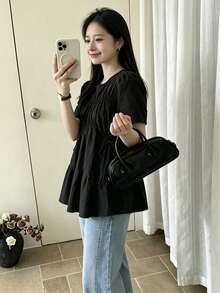 2025 Summer Women Korean Style Drawstring Round Neck Top Black - Black - View 8