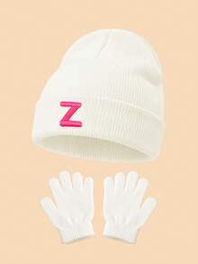 Set 2 Buah Topi Rajut Lipat Bergaris Putih dan Sarung Tangan Tanpa Jari, Bordir Huruf Personalisasi 26 Pilihan, Kain Elastis Ramah Kulit Dapat Dicuci, Cocok untuk Paduan Pakaian Musim Gugur/Musim Dingin Anak Perempuan - Putih - View 34