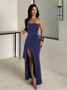 Women's Autumn Solid Color Ruched Strapless Slit Dress, Elegant Dress For Party And Date - Blue - View 2