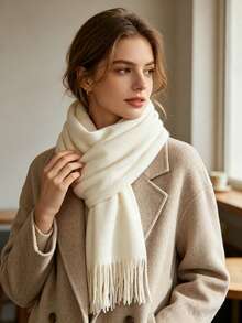 1pc Autumn/Winter Warm Solid Color Scarf, Minimalist Versatile Neck Warmer Shawl, Multiple Colors Available - White - View 2