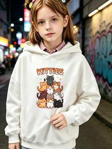 1 Girl's Pullover Hoodie With Stacked Kitten Cartoon Print, Long-Sleeve Sweatshirt In White, Perfect For Girls' Everyday Parties - White - View 1