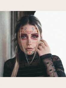 4 Sheets Day Of The Dead Sugar Skull Face Temporary Tattoo Stickers, Colorful Floral Skull Design, Waterproof Fake Face Decals For Halloween Carnival Cosplay Party Makeup - Multicolor - View 4