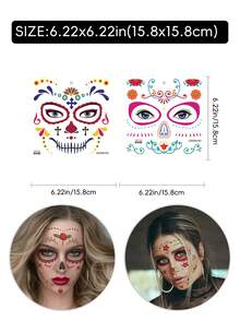 4 Sheets Day Of The Dead Sugar Skull Face Temporary Tattoo Stickers, Colorful Floral Skull Design, Waterproof Fake Face Decals For Halloween Carnival Cosplay Party Makeup - Multicolor - View 8