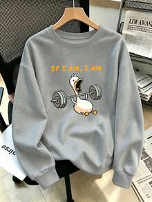 Plus-Size Women's Casual Sporty Crewneck Sweatshirt With A Fun Weightlifting Duck "If I Die, I Die" Slogan Graphic Print Perfect For Autumn And Winter - Grey - View 4