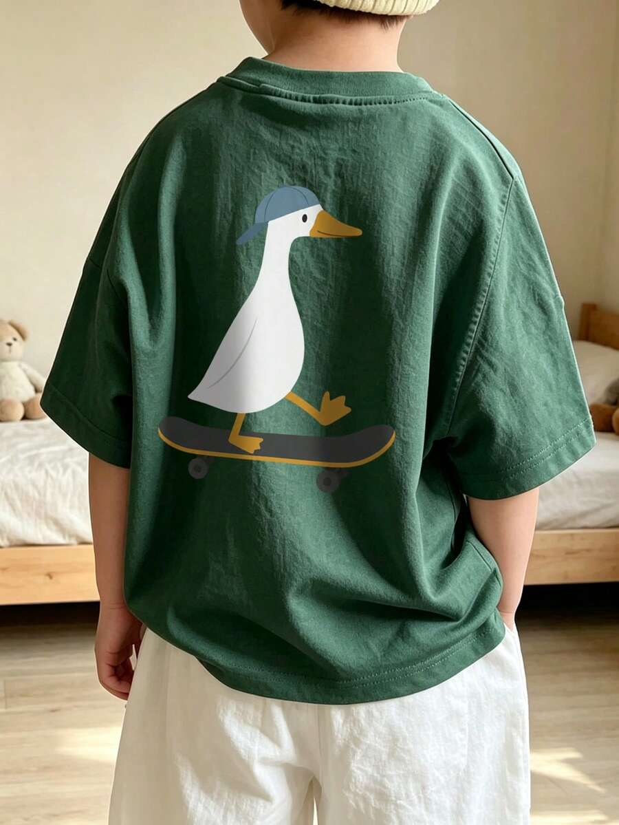 Young Boy Comfortable Soft Fabric Daily Short Sleeve Top, Suitable For Spring, Autumn And Summer Everyday Wear - Dark Green - View 1