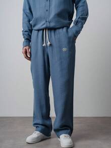 Premium Men's Lightweight Textured Lounge Drawstring Waist Loose Fit Pants - Baby Blue - View 3