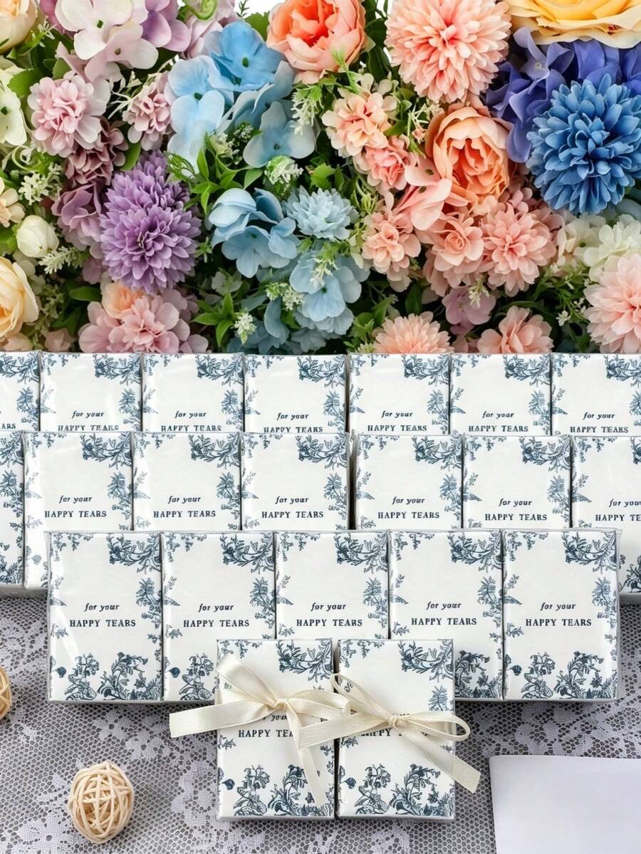 5pcs/Set Elegant Floral Tissue Set - Wedding, Birthday, Party Favors - Printed With "For Your Happy Tears" - Suitable For Bride, Groom And Guests - Decorative Tabletop Display And Guest Gifts - Suitable For Wedding Favors - tissue - View 1