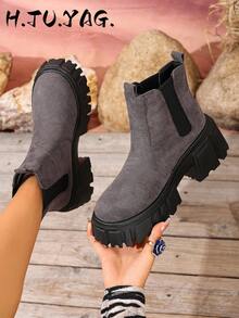 Women's Fashion Wedge Thick Sole Chunky Mid-Heel Ankle Boots Boots Motorcycle Boots Outdoor Street Slip-On Chelsea Boots Halloween, Trick Or Treat - Grey - View 3