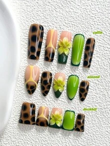 10片裝藝術手繪風手工穿戴甲，Polygel美甲套組，花卉黑色指甲油色塊拼接混搭風，附美甲工具，3種尺寸可選，杏仁、鴨嘴、棺材形，適合派對、跳舞、日常佩戴 - 彩色 - 查看 1