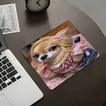 Glamorous Fashion Chihuahua Square Mouse Pad, Cute Shiny Y2K Pet Aesthetic Pattern Design, Eye-Catching Desktop Decoration Protective Pad, Rubber Non-Slip Edge-Locked Office Mat, Small Size Suitable For Laptop, Desktop Computer Gaming, Office, Daily Use - View 1