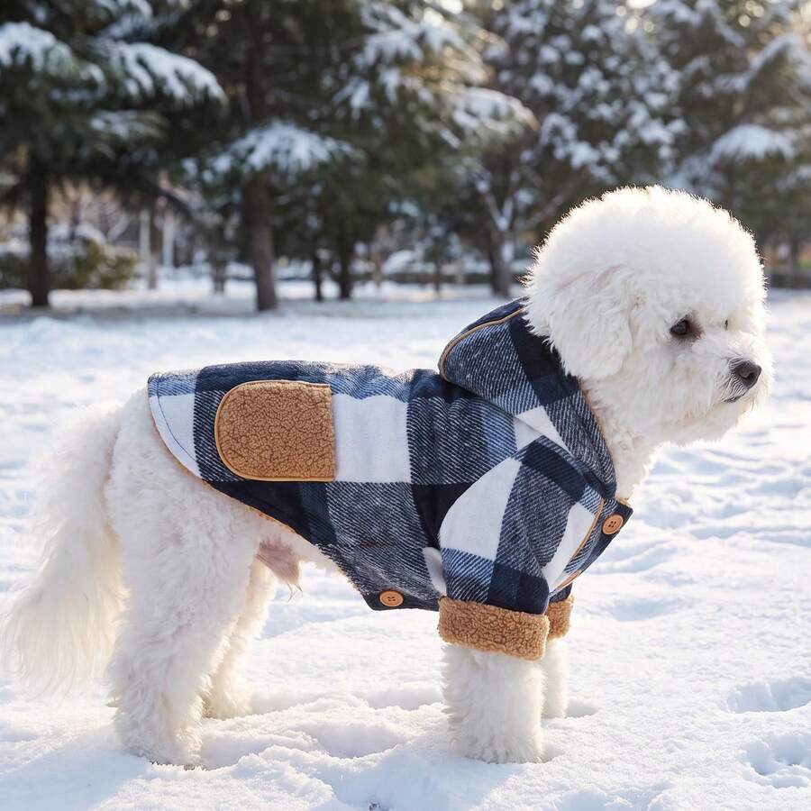 1pc Dog Coat, Plush Pocket Large Plaid Hooded Pet Jacket, Suitable For Small/Medium Dogs, Puppies, Cats, For Autumn/Winter Cold Weather Outdoor And Indoor Use - Blue - View 1