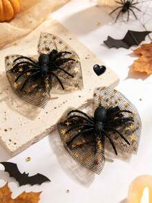 2pcs Halloween Spider Decor Gold Star Tulle Bows Alligator Clips Cosplay Costume Photo Prop Party Daily Hair Clips Kids Hair Accessories - Black - View 2