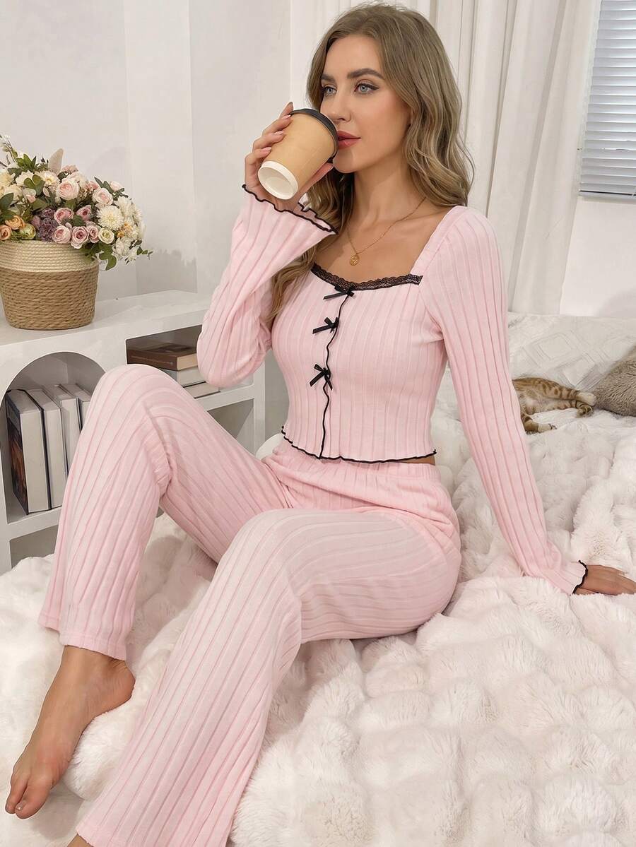Women's Spring Autumn Winter Ribbed Solid Color Fashion Ruffle Trim Sweet Bow Lace Trim Square Neck Raglan Long Sleeve Casual Dual Pocket Pants Comfortable Loungewear 2-Piece Set - Pink - View 1