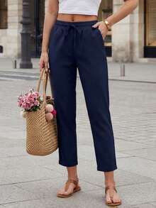 Jisfaneya Women's Solid-Color Drawstring Waist Casual Pants With Pockets - Navy Blue - View 6
