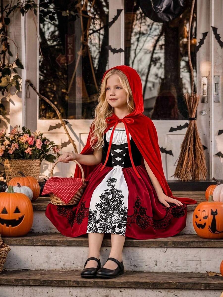 Tween Girls 2pcs Set Vintage Princess Dress & Cape With Webbing, Velvet, Printed Satin Fabric, Suitable For Halloween Party And Ball - Multicolor - View 1