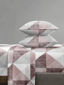 4-Piece Pink & Gray Triangle Patchwork Bedding Set, Easy Care Soft Bedding Set, Includes 1 Flat Sheet + 1 Fitted Sheet + 2 Pillowcases, King/Queen/Full/Twin Size, Deep Pocket Fits Up To 11.8 Inches, Back To School Dorm Bedding - Pink - View 1