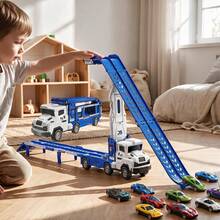 TEMI 2-In-1 Styling Dual-Track Truck, Includes 12pcs 1:12 Alloy Cars, Suitable For Children 3 Years And Above, Equipped With Dual-Track Racing Track, Best Gift For Holidays, Birthdays, Christmas - Blue - View 5