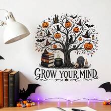 1pc Halloween Horror Book Tree "Expand Thinking" Inspirational Wall Sticker, Removable Self-Adhesive Waterproof PVC Decal, Suitable For Classroom, Library, Study Room, Autumn Home Decor - Wall Stickers - View 1