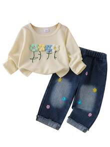 Baby Girl Spring/Autumn New Bohemian Style 2-Piece Set, 3D Multicolor Floral Round Neck Long Sleeve T-Shirt Top And Multicolor Floral Embroidered Denim Long Pants - Apricot - View 3
