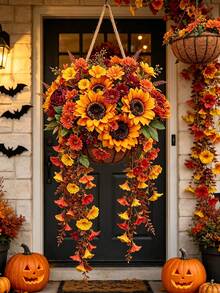 1 Set Autumn Artificial Sunflower & Morning Glory Vine - Rusty Orange & Red Mixed Tone Hanging Design, Suitable For Living Room And Halloween Home Decor - Orange - View 3