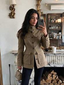 Women's Solid Color Shirt Jacket, Button Front, Dual Pockets, Lapel Collar Long Sleeve Outerwear, Autumn/Winter - Brown - View 3