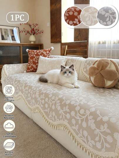 1PC Floral‑Vine Jacquard Textured Sofa Cushion Cover With Tassel Trim, Scratch‑Resistant Non‑Slip Sofa Seat Protector, Pet‑Friendly Soft Machine‑Washable Couch Pad For 1 2 3 4 Seater & L‑Shape Sectional Sofa, Boho Farmhouse Home Furniture Slipcover