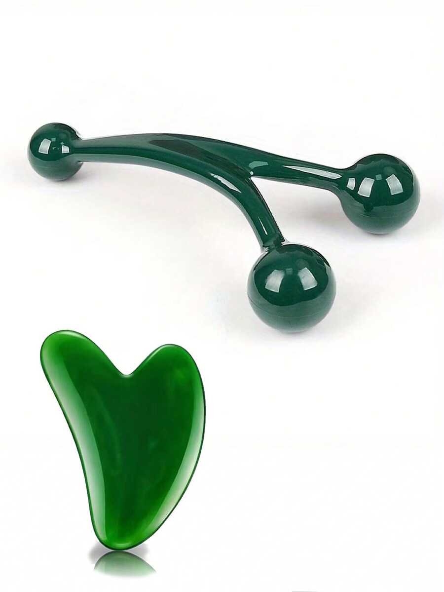 2pcs Massage Set Includes 1 Handheld Full Body 3-Ball Massager And Lymphatic Drainage Massager - Durable Plastic Round Face Roller, Suitable For Shoulders, Neck, Legs And Feet - Green Self-Massage Tool, Relieves Muscle Tension And Improves Blood Circulation - A - View 1