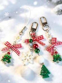 New Christmas Tree Phone Lanyard Crystal Beads Red Plaid Bow Keychain Christmas Gift Bag Charm - Multicolor - View 4