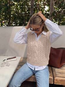 NZZOF Casual Versatile Solid Color V-Neck Knit Vest - Apricot - View 4