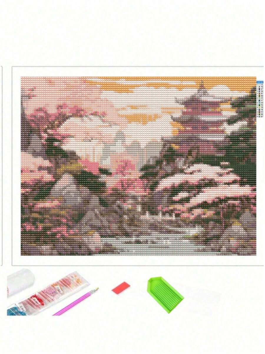 1/2pcs DIY Full Drill Embroidery House Picture, Rhinestone Painting Landscape River Wall Decor, 30x40cm/12x16in, Unframed