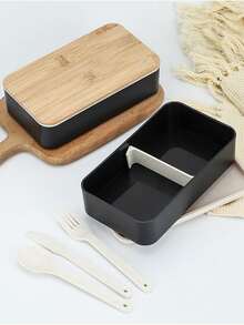 1pc Double Layer Japanese Style Bamboo Wood Tie Lunch Box Sushi Bento Box With Utensils - Multicolor - View 6
