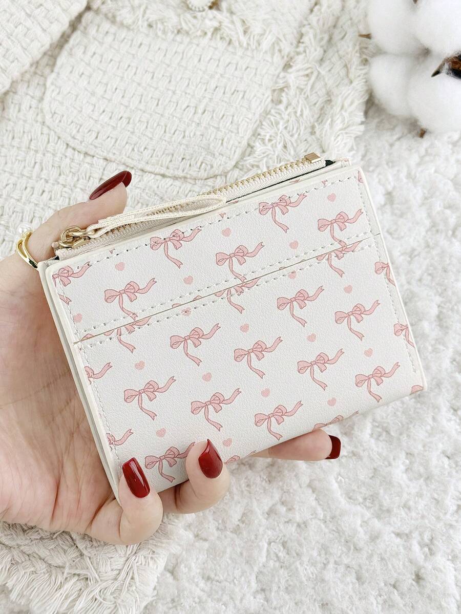 Fashionable Bow Print Women's Credit Card Holder, Zipper Fold Closure With ID Window, Suitable For Outdoor And Travel
