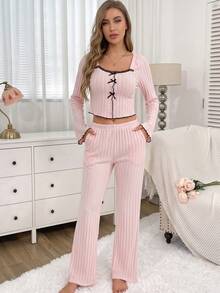 Women's Spring Autumn Winter Ribbed Solid Color Fashion Ruffle Trim Sweet Bow Lace Trim Square Neck Raglan Long Sleeve Casual Dual Pocket Pants Comfortable Loungewear 2-Piece Set - Pink - View 7