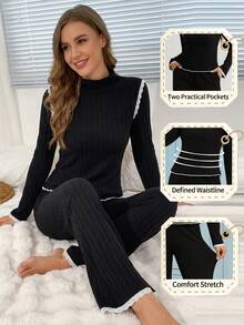Women's Spring Autumn Winter Solid Color Ribbed Casual Double Pocket Fashion Sweet Lace Trim High Neck Long Sleeve Long Pants Comfortable Loungewear 2-Piece Set - Black - View 9