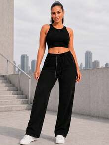 Women's Wide Leg Drawstring Pants With Zippered Pockets, Casual Athletic Trousers For Running, Training And Daily Wear - Black - View 5