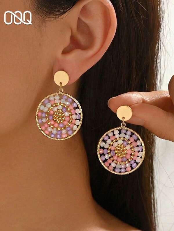 OOQ 1 Pair Bohemian Style Colorful Seed Bead Hollow Round Women's Earrings, Elegant Fashion Niche Design Fairy Style Ear Accessories, Suitable For Daily Commute And Matching With Any Outfit
