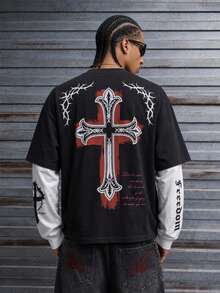 Men's Y2K Gothic Cross Letter Thorn 2 In 1 Patchwork Dropped Shoulder Short Long Sleeve T-Shirt - Multicolor - View 3