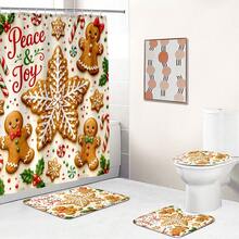 1pc/4pcs Christmas Snowflake Gingerbread Man Multi-Functional Bathroom Decor Shower Curtain Set, Free 12 Hooks, Premium Holiday Atmosphere, Bathroom Mat, U-Shaped Floor Mat And Round Toilet Lid Cover, Suitable For All Christmas Occasions - Snowflake Gingerbread Man - View 7