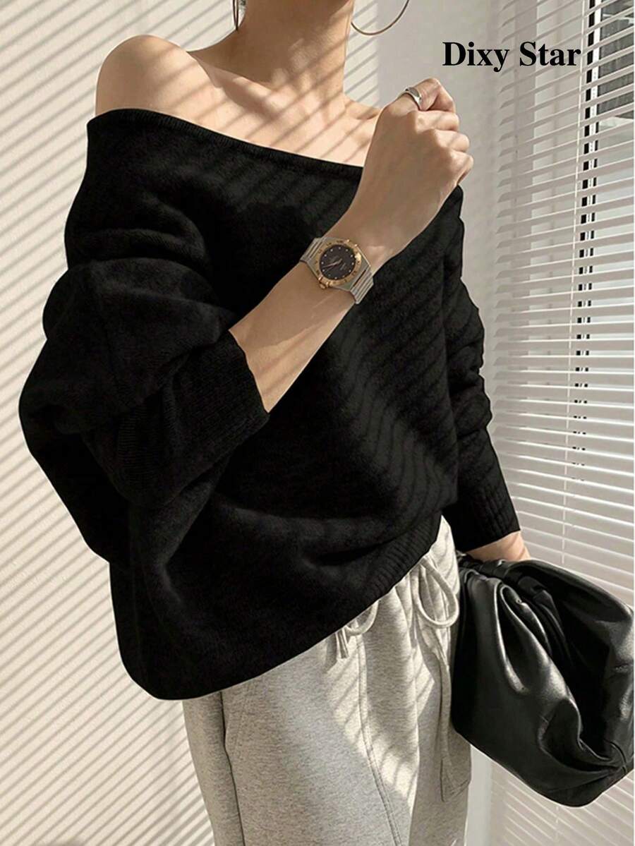 Women's Mohair Sweater Cold Shoulder Off Shoulder Asymmetrical Loose Slouchy Top - Black - View 1