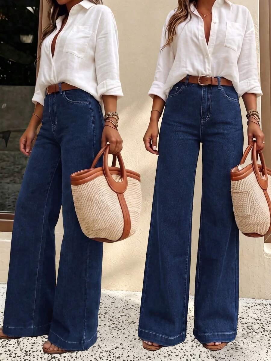 Women's Casual Straight Leg Jeans, Fashion Solid Color Minimalist Wide Leg Denim Pants, Suitable For Various Occasions And Holiday Outfits In Autumn - Blue - View 1