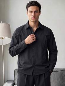 Men's Raglan Sleeve Functional Button Shirt, Pure Black Lightweight Windbreaker Style Long Sleeve Shirt - Black - View 7
