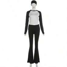 Fashionable Women's Round Neck Long Sleeve Cropped Top With Flare Pants 2 Pieces Set, Suitable For Daily Casual Wear Or Autumn Outfit - Black - View 14