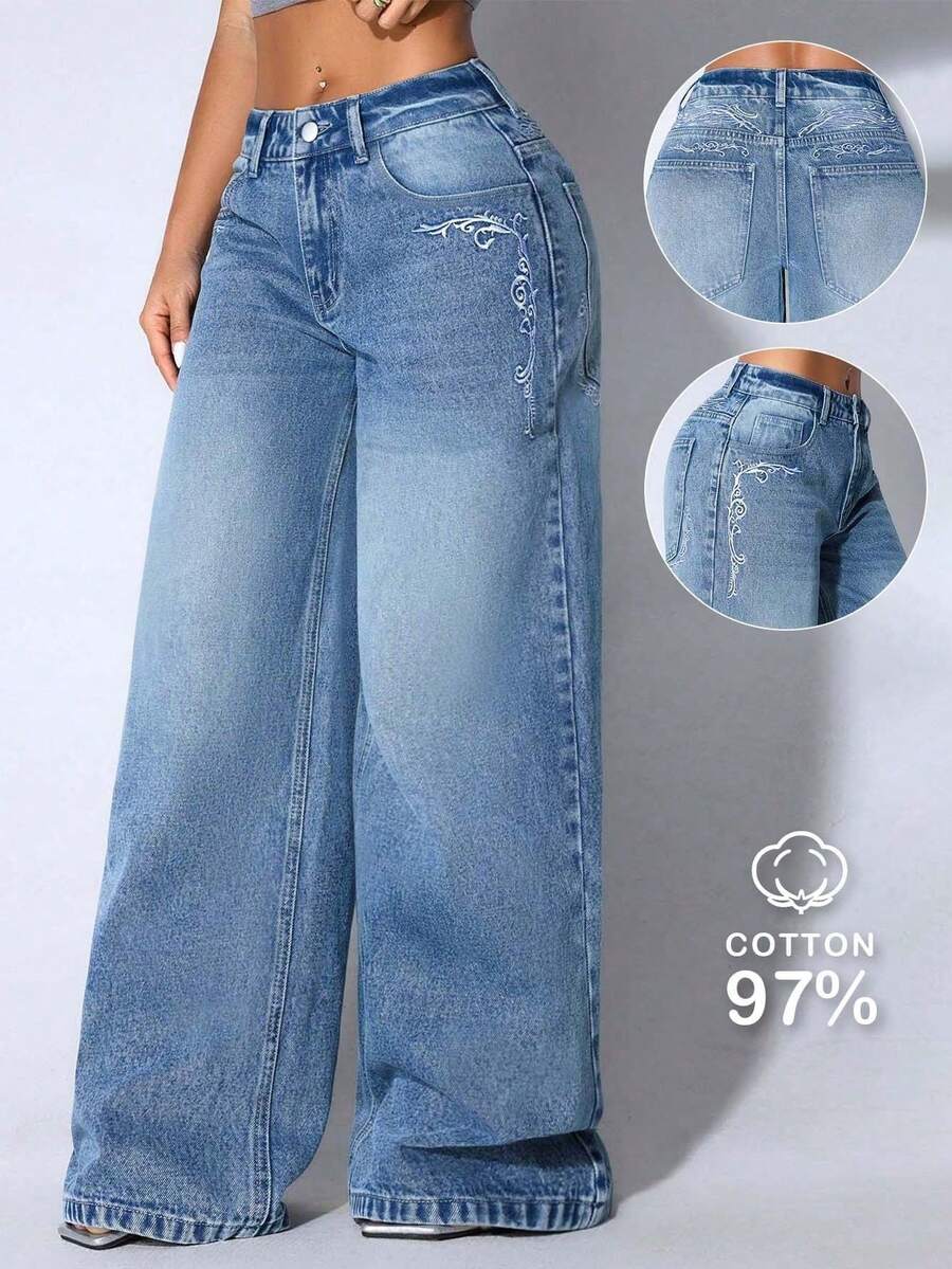 Low Waist Wide Leg Casual Blue Slant Pocket Curved Women Jeans Fall - Light Wash - View 1