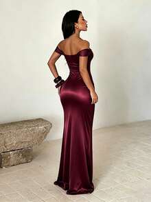 1pc Solid Color Elegant Knitted Fabric High Slit To Thigh Dress For Wedding, Vacation, Autumn - Burgundy - View 4