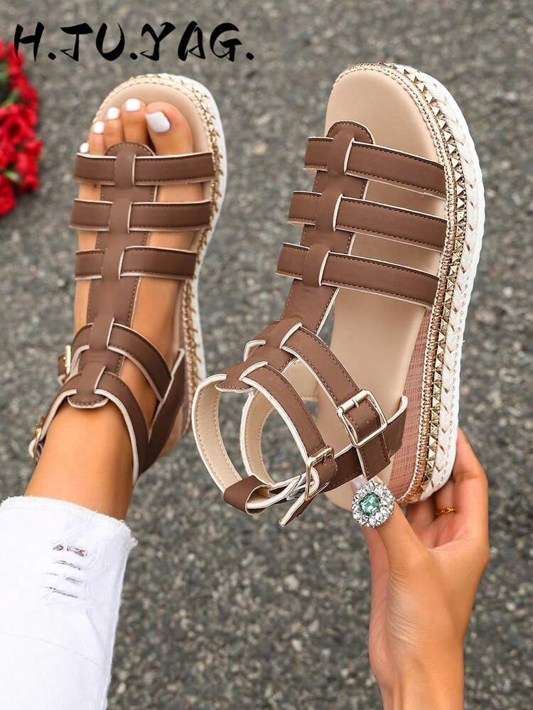 New Fashion Women's Bohemian Style Thick Sole Wedge Sandals, Versatile Woven Strappy Design, Suitable For Beach, Party And Casual Daily Wear - Brown - View 1