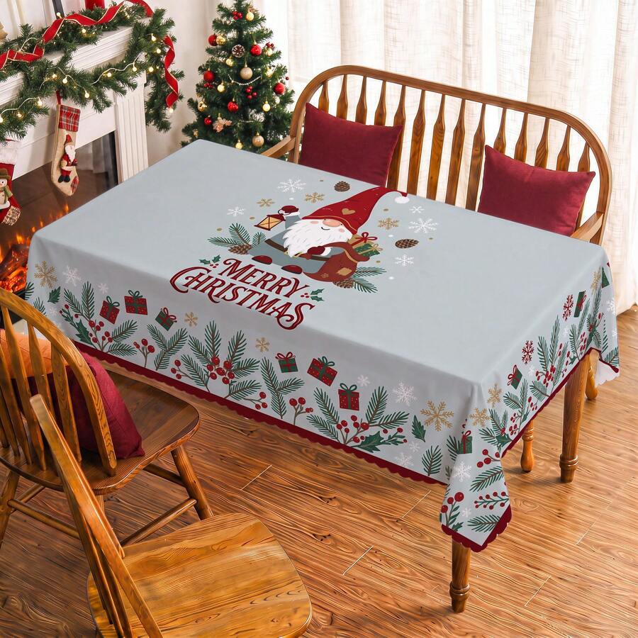 1pc Christmas Gnome Elf Snowflake Pine Branch Red Berry Print Rectangular Tablecloth, Suitable For Holiday, Party, Birthday, Dinner, Restaurant Table Decor, Christmas Home Autumn/Winter Decoration - Multicolor - View 1