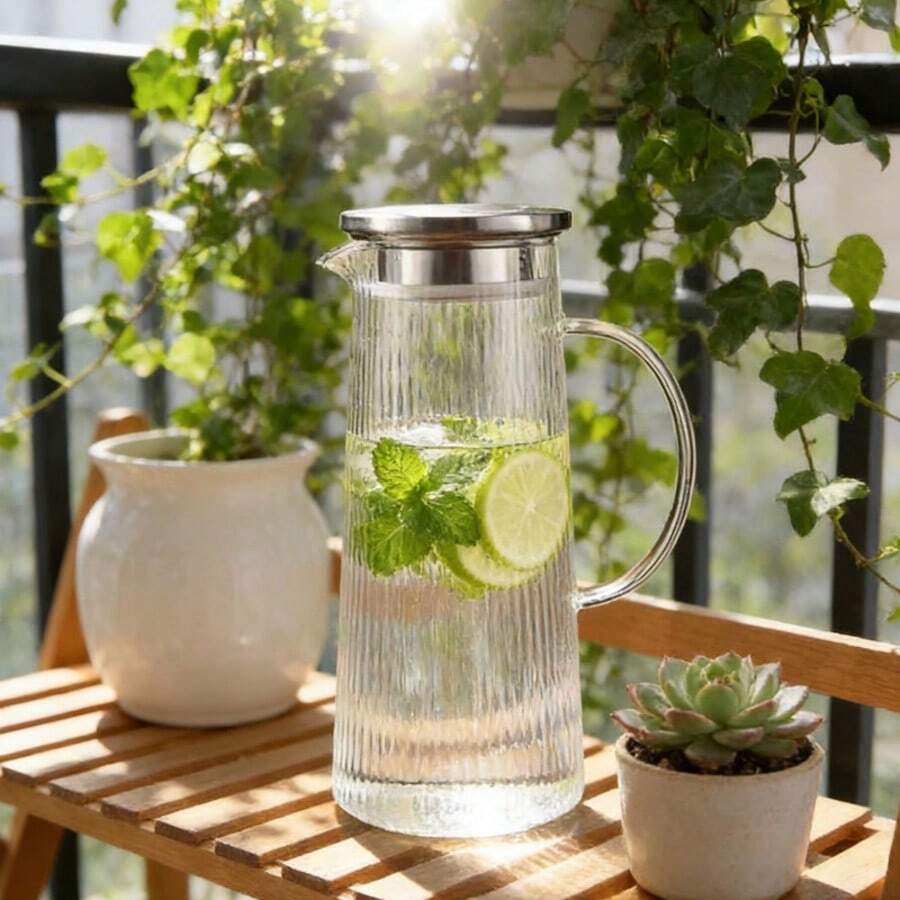 High Borosilicate Glass Cold Water Pitcher, Large Capacity Household Juice Pitcher With Lid, High Temperature Resistant Striped Water Pitcher, 1800ML/2200ML/1650ML/1300ML, Kitchen Transparent Water Pitcher With Stainless Steel Lid. - Simple Vertical Stripe Design (1300ml) - View 1