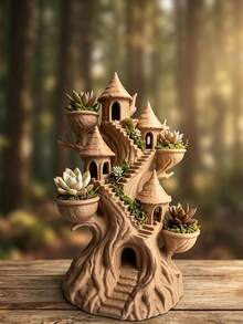1pc Fairy Tree House Resin Garden Decor, Multi-Slot Succulent Planter, Mini Elf Tree Castle Statue, DIY Terrarium Bonsai Accessory, Suitable For Yard, Patio, Lawn, Home Desktop Fairy Garden Decoration, Housewarming Gift - C - View 3
